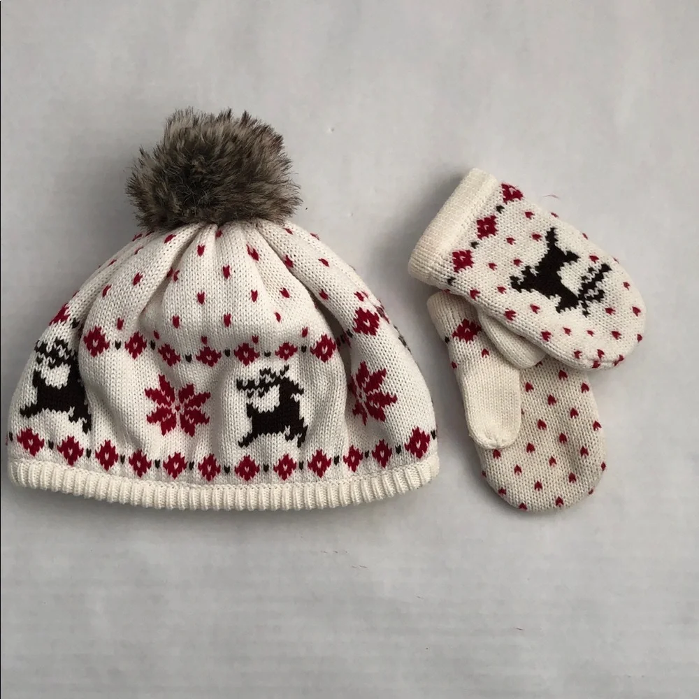Janie and Jack Fair Isle Cotton Knit Pompom Beanie and mittens Size 2T-3